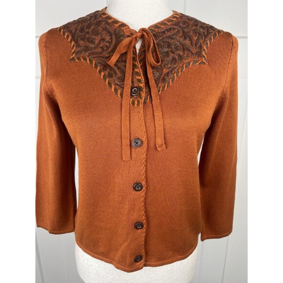 Michael Simon Women's Pumpkin Spice Knit Cardigan Leather Appliqués Size Small - Picture 3 of 8